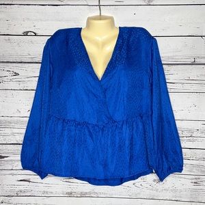 PopSugar NWT Size L Blue Printed Surplice V-Neckline Babydoll Peplum Blouse Top